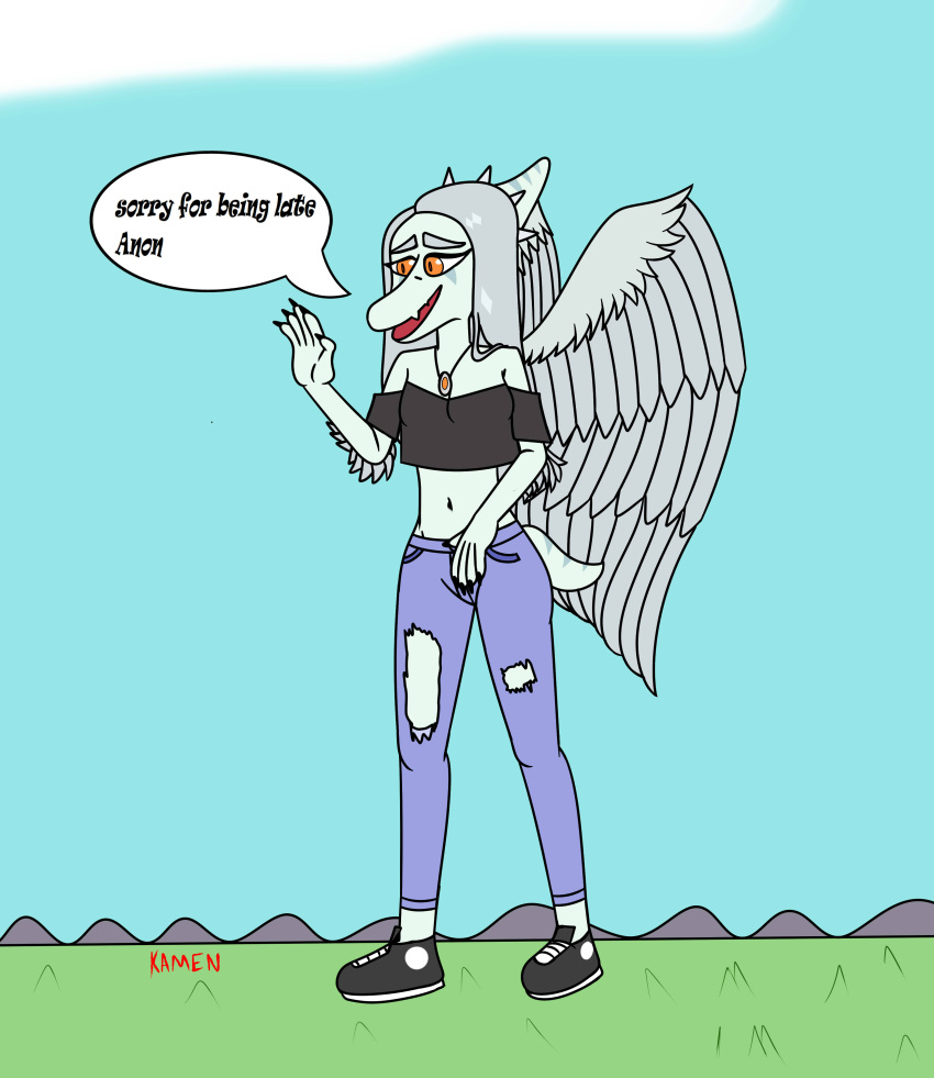 2023 absurd_res amber_eyes anthro artist_name blue_sky bottomwear claws clothed clothing crop_top denim denim_clothing dialogue digital_drawing_(artwork) digital_media_(artwork) dinosaur elbow_feathers english_text eyelashes fang_(gvh) feathered_wings feathers female fingers footwear gesture goodbye_volcano_high grey_body grey_scales hair hi_res jeans jewelry kamen2d long_hair midriff navel necklace off_shoulder offscreen_character open_mouth outside pants pterodactylus pterosaur reptile scales scalie shirt shoes short_tail signature silver_hair simple_background sky smile sneakers snoot_game snout solo tail text topwear torn_bottomwear torn_clothing torn_jeans torn_pants v-cut waving wings