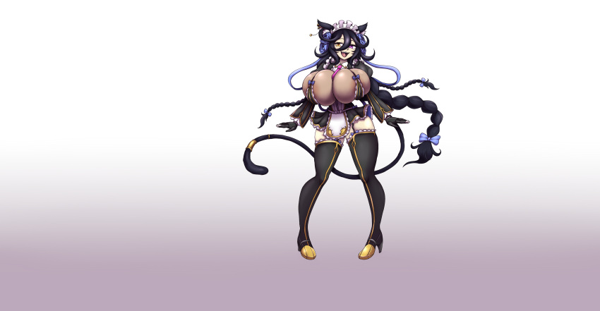 2022 absurd_res accessory animal_humanoid black_hair blue_bow boots bow_ribbon braided_hair cat_humanoid clothing ear_piercing ear_ring elfdrago felid felid_humanoid feline feline_humanoid female footwear hair hair_accessory hair_bow hair_ribbon heterochromia hi_res humanoid last_origin legwear maid_headdress maid_uniform mammal mammal_humanoid open_mouth open_smile piercing poi_(last_origin) ribbons ring_piercing simple_background smile solo thigh_boots thigh_highs uniform white_background