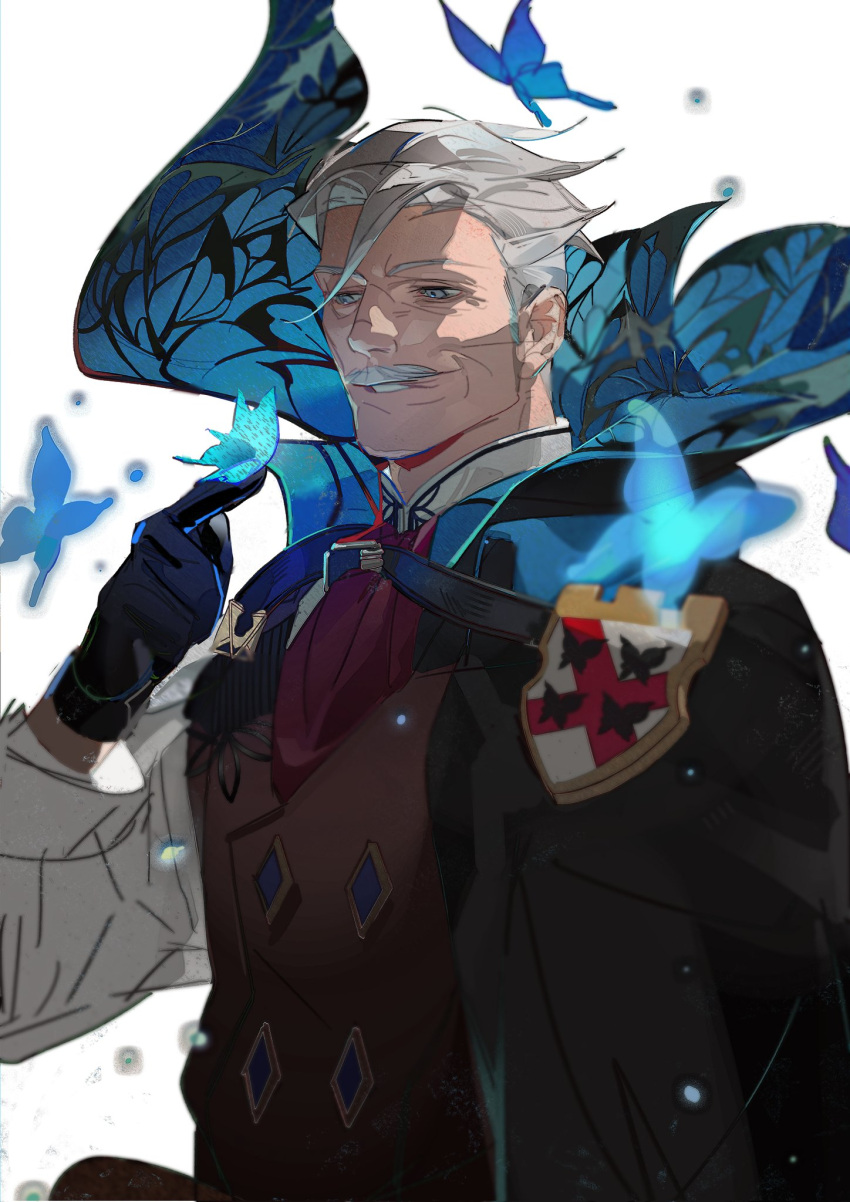 1boy ascot black_cape black_gloves blue_butterfly brown_vest bug butterfly cape facial_hair fate/grand_order fate_(series) gloves hashtag_only_commentary highres holding_butterfly james_moriarty_(archer)_(fate) jammobius looking_at_animal male_focus mustache old old_man red_ascot shirt vest white_background white_hair white_shirt wrinkled_skin