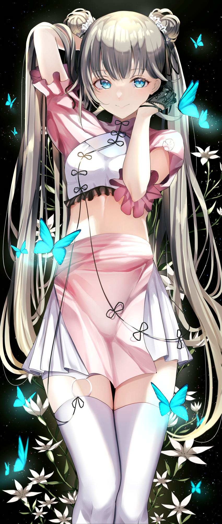 1girl absurdres arm_cutout black_gloves black_ribbon blue_eyes brown_hair bug butterfly chinese_clothes commentary_request crop_top double_bun fishnet_gloves fishnets flower frilled_shirt frilled_sleeves frills gloves hair_behind_ear hair_bun hair_ribbon half_gloves hanabusa_lisa highres kairi_(miry666) layered_skirt long_hair looking_at_viewer midriff miniskirt pink_shirt pink_skirt pleated_skirt ribbon shirt short_sleeves shrug_(clothing) skirt smile solo thighhighs twintails very_long_hair virtual_youtuber vspo! white_flower white_shirt white_skirt white_thighhighs zettai_ryouiki