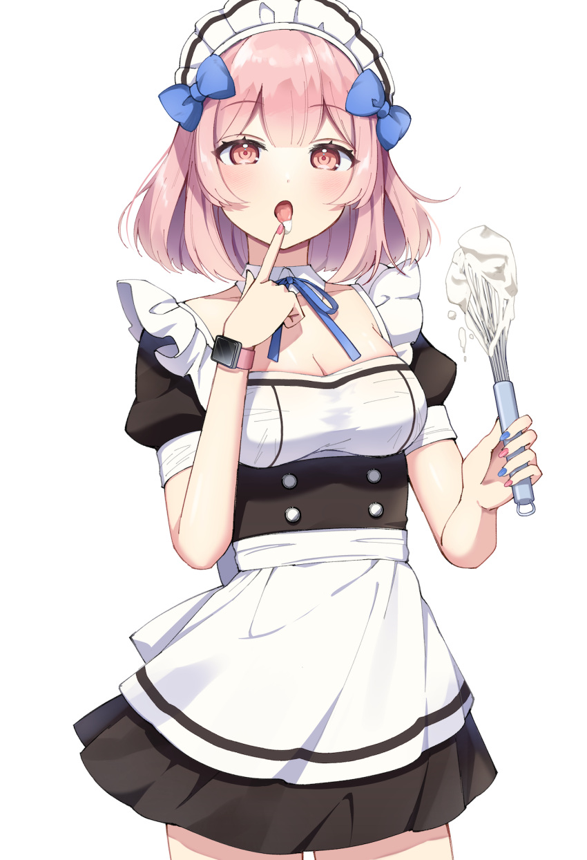 1girl apron black_dress blue_bow blue_nails blue_ribbon bow breasts cleavage commentary_request cowboy_shot detached_collar dopushan dress hair_bow highres holding holding_whisk index_finger_raised looking_at_viewer maid_apron maid_headdress medium_breasts multicolored_nails open_mouth original pink_hair pink_nails puffy_short_sleeves puffy_sleeves ribbon short_hair short_sleeves simple_background solo tongue tongue_out whisk white_background yellow_eyes