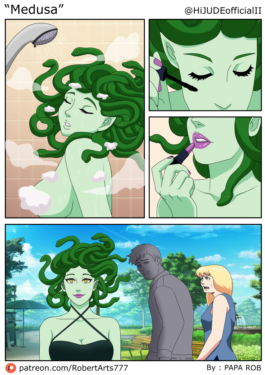 absurd_res bathing blonde_hair blush breasts cleavage clothed clothing comic european_mythology female gorgon greek_mythology hair hi_jude hi_res lipstick makeup male medusa mythology nude shirt showering topwear