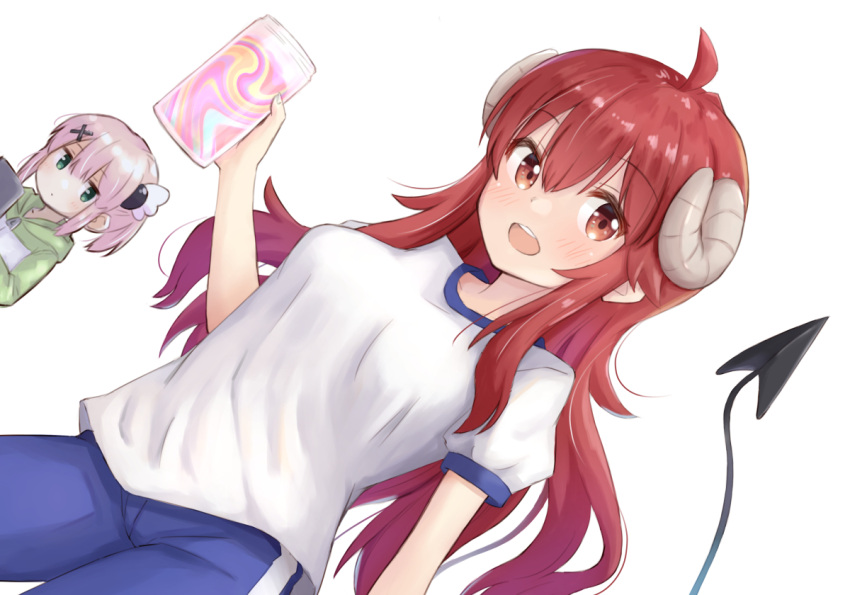 2girls ahoge blue_pants blush breasts brown_eyes brown_hair can chiyoda_momo demon_girl demon_horns demon_tail green_eyes gym_pants hair_ornament holding holding_can horns kuramoto_takato large_breasts long_hair looking_at_another looking_at_viewer machikado_mazoku multiple_girls pants pink_hair shirt short_hair simple_background tail white_background white_shirt x_hair_ornament yoshida_yuuko_(machikado_mazoku)