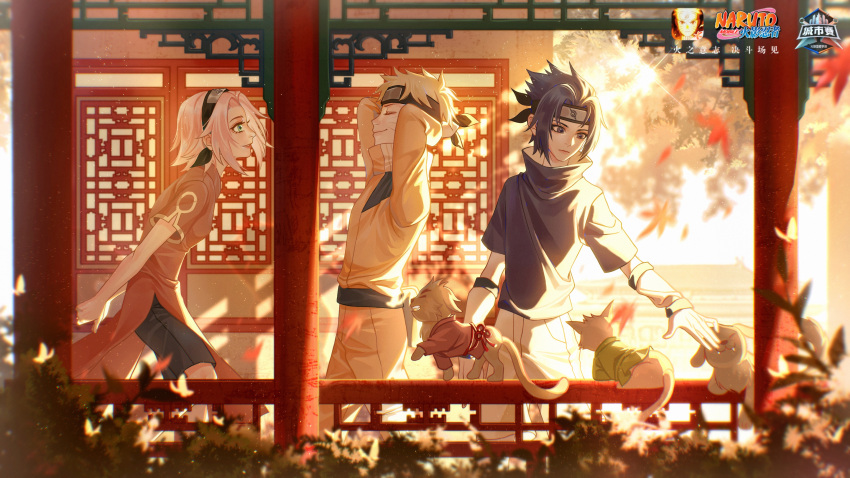 1girl 2boys absurdres animal black_eyes black_hair black_shorts blonde_hair blue_shirt child closed_eyes closed_mouth forehead forehead_protector from_side green_eyes haruno_sakura highres jacket konohagakure_symbol lililixia logo long_sleeves multiple_boys naruto naruto_(series) ninja orange_jacket orange_pants pants pink_hair red_shirt shirt short_hair short_sleeves shorts sleeveless sleeveless_shirt smile spiked_hair team7 uchiha_sasuke uzumaki_naruto whiskers white_shorts