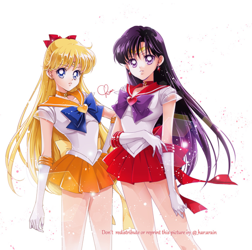 2girls aino_minako back_bow bishoujo_senshi_sailor_moon blonde_hair blue_bow blue_bowtie blue_eyes bow bowtie brooch choker circlet collar earrings elbow_gloves gem gloves hair_bow heart highres hino_rei jewelry long_hair miniskirt multiple_girls orange_bow orange_choker orange_collar orange_gemstone orange_skirt pleated_skirt purple_bow purple_bowtie purple_eyes purple_hair red_bow red_gemstone red_sailor_collar red_skirt sailor_collar sailor_mars sailor_venus sarashina_kau shirt short_sleeves simple_background skirt star_(symbol) star_earrings stud_earrings white_background white_gloves white_shirt yellow_bow