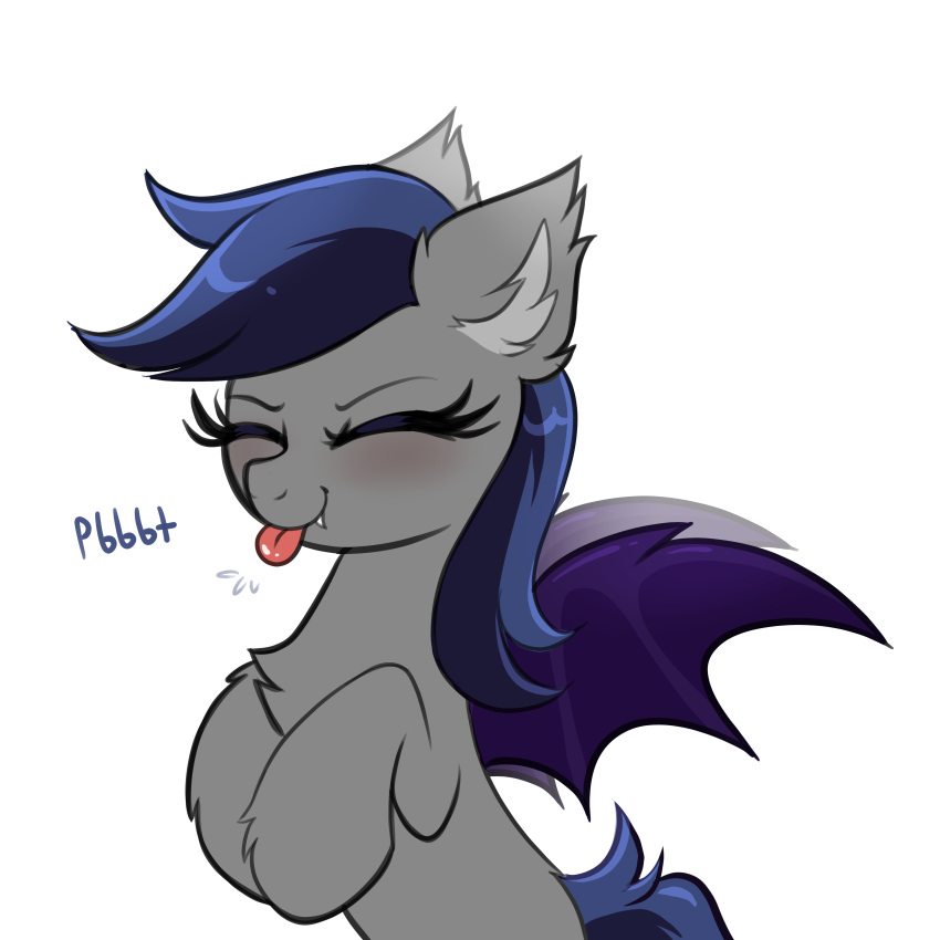 absurd_res bat_pony blowing_raspberries blue_hair chest_tuft confetticakez echo_(oc) equid eyes_closed fan_character fur grey_body grey_fur hair hasbro hi_res mammal membrane_(anatomy) membranous_wings multicolored_hair my_little_pony tongue tongue_out tuft two_tone_hair wings