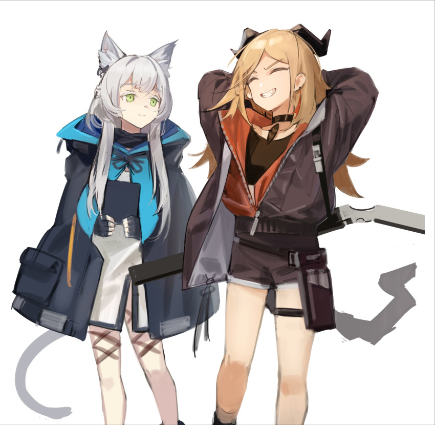 2girls animal_ear_fluff animal_ears arknights arms_behind_head arms_up black_choker black_cloak black_gloves black_scarf black_shirt blonde_hair brown_jacket cat_ears cat_girl cat_tail choker cloak closed_eyes cowboy_shot crop_top demon_girl demon_horns dress earrings fingerless_gloves gloves green_eyes grin highres hood hood_down hooded_cloak horns ifrit_(arknights) jacket jewelry kegani_(kegani01) long_hair looking_at_another multiple_girls open_clothes open_jacket parted_bangs rosmontis_(arknights) scarf shirt shorts simple_background single_earring smile standing tail teeth white_background white_dress white_hair