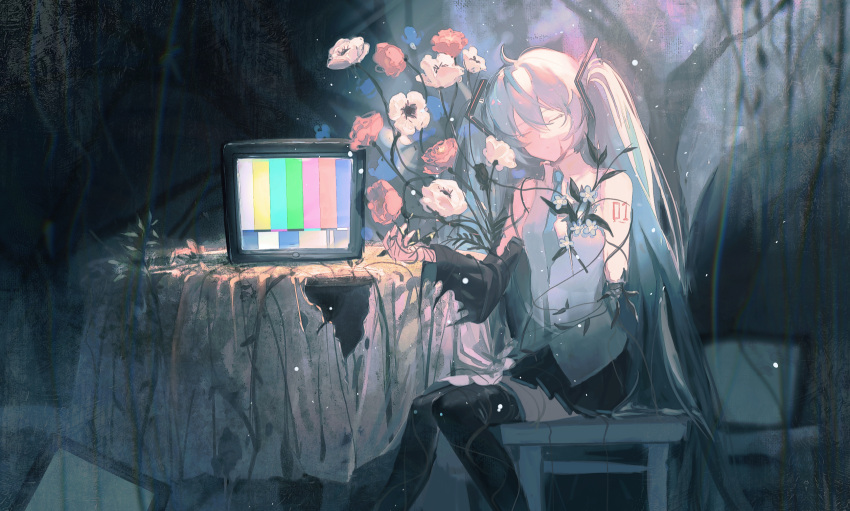 1girl amputee aqua_hair arm_tattoo black_sleeves closed_eyes cracked_skin damaged detached_sleeves flower hair_ornament hatsune_miku highres layao necktie pleated_skirt sitting skirt solo tattoo television thighhighs twintails vocaloid