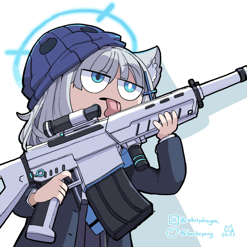 1girl animal_ear_fluff animal_ears assault_rifle blue_archive blue_eyes blue_jacket chibi cross_hair_ornament expressionless grey_hair gun hair_ornament halo highres holding holding_gun holding_weapon instagram_username jacket mask mask_on_head mask_removed medium_hair mismatched_pupils necktie open_clothes open_jacket pleated_skirt rifle school_uniform shiroko_(blue_archive) shirt sig_sauer sig_sauer_556 silhouette skirt solo tongue tongue_out twitter_username upper_body weapon white_shirt whitydragon wolf_ears