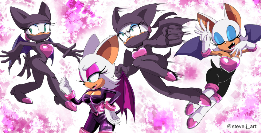 2023 absurd_res anthro armwear bat boots breasts cleavage clothed clothing elbow_gloves eyeshadow female footwear fur gloves handwear hi_res lipstick makeup mammal mask membrane_(anatomy) membranous_wings motion_lines multiple_poses pose rouge_the_bat sega signature solo sonic_the_hedgehog_(series) steve_jones tan_body tan_skin white_body white_fur wings