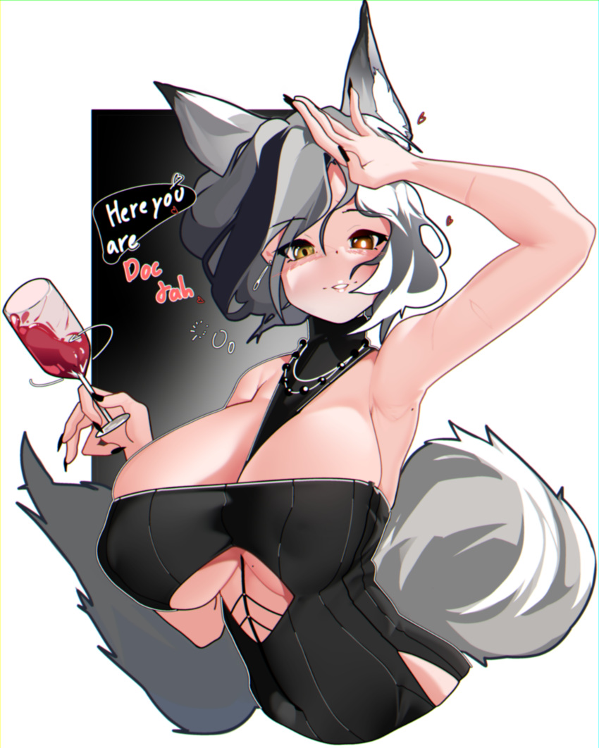 1girl absurdres alternate_costume animal_ear_fluff animal_ears arknights arm_up armpits black_dress black_hair black_nails blush breasts bright_pupils cleavage covered_navel cropped_torso dress english_text gradient_background grey_hair halter_dress halterneck heart heterochromia highres huge_breasts large_breasts looking_at_viewer mismatched_pupils mole mole_above_mouth mole_on_armpit multicolored_hair nail_polish naxius_noxy parted_lips quartz_(arknights) red_eyes sleeveless sleeveless_dress smile speech_bubble streaked_hair two-tone_hair upper_body yellow_eyes