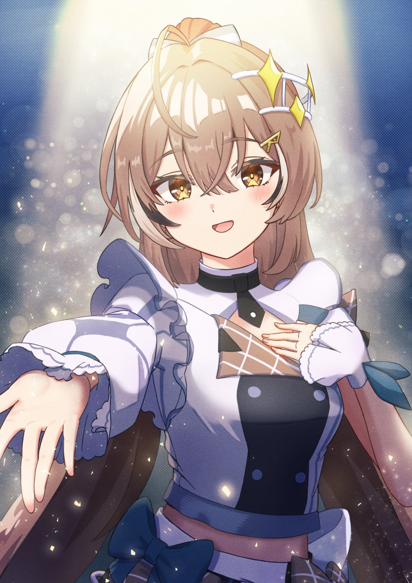 1girl ahoge asymmetrical_sleeves blurry bokeh bow brown_eyes brown_hair buttons chahanramen crop_top crossed_bangs depth_of_field double-breasted fingernails hair_ornament hair_ribbon hairclip hand_on_own_chest highres hololive hololive_english hololive_idol_uniform_(bright) light_particles long_hair looking_at_viewer multicolored_hair nanashi_mumei official_alternate_costume plaid plaid_skirt pleated_skirt ponytail reaching reaching_towards_viewer ribbon skirt smile solo spotlight streaked_hair uneven_sleeves very_long_hair virtual_youtuber