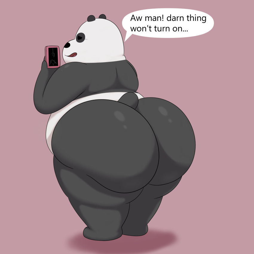 2023 absurd_res anthro bear belly big_butt bubble_butt butt cartoon_network cellphone colossalstars cracked_screen dialogue dot_eyes english_text giant_panda hi_res holding_object holding_phone huge_butt huge_thighs male mammal narrowed_eyes nude open_mouth overweight overweight_anthro overweight_male panda_(wbb) phone pink_background rear_view screen shadow simple_background smartphone solo standing text thick_thighs we_bare_bears