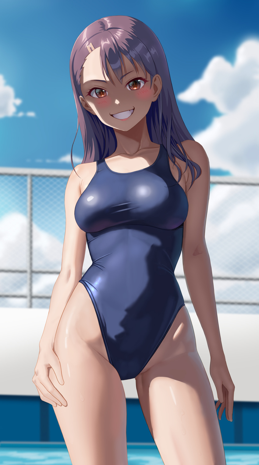 1girl absurdres asymmetrical_bangs black_hair black_one-piece_swimsuit blue_sky breasts brown_eyes chain-link_fence cloud commentary_request competition_swimsuit dark-skinned_female dark_skin day fence grin hair_ornament hairclip highleg highleg_swimsuit highres ijiranaide_nagatoro-san long_hair looking_at_viewer medium_breasts nagatoro_hayase one-piece_swimsuit outdoors sky smile solo swimsuit taka_(takahirokun) tan water