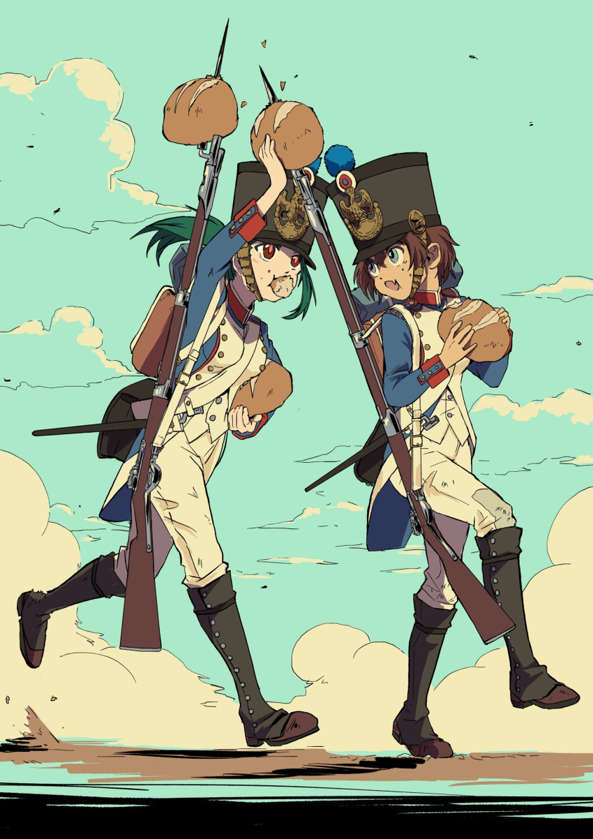 2girls antique_firearm bayonet blue_eyes blue_jacket blue_sky bread brown_hair buttons caplock cloud coattails commentary_request cowboy_shot double-breasted eating epaulettes fang firelock flintlock food france french_army french_clothes full_body gaiters green_hair gun hair_between_eyes hand_on_headwear hat highres holding holding_food jacket long_hair looking_to_the_side military military_hat military_uniform multiple_girls original pants ponytail red_eyes running shako_cap short_hair sky smile soldier sword uniform weapon white_pants zeinikunosekai