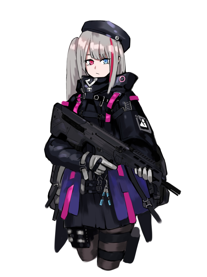 1girl absurdres assault_rifle battle_rifle belt belt_pouch beret black_bag black_coat black_headwear black_jacket black_pantyhose black_skirt blue_eyes closed_mouth coat desert_tech_mdr expressionless girls'_frontline gloves glowstick grey_gloves grey_hair gun harness hat heterochromia highres holding holding_gun holding_weapon hood hood_down hooded_jacket jacket load_bearing_vest long_hair long_sleeves looking_at_viewer mdr_(girls'_frontline) military multicolored_hair name_connection pantyhose pink_eyes pink_hair pouch rifle sharpy_(kdy000913) side_ponytail skirt solo standing strap streaked_hair tactical_clothes thigh_strap trigger_discipline weapon white_background