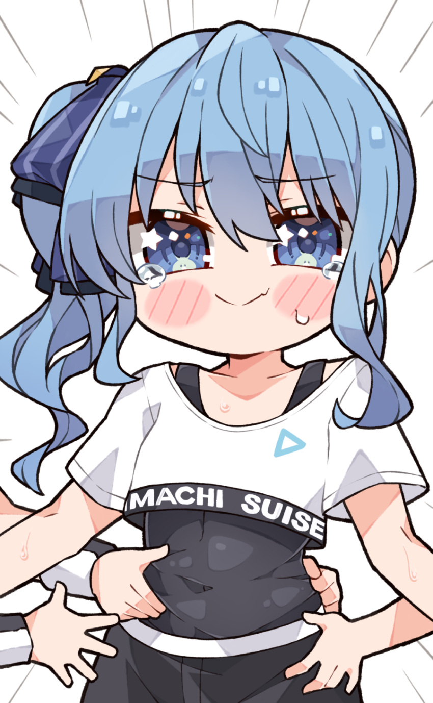 1girl 4others belly_grab black_leotard blue_eyes blue_hair blush_stickers character_name closed_mouth collarbone covered_navel emphasis_lines english_commentary hair_between_eyes highres hololive hololive_dance_practice_uniform hoshimachi_suisei kukie-nyan leotard leotard_under_clothes long_hair looking_at_viewer multiple_others official_alternate_costume short_sleeves sidelocks sweat tearing_up virtual_youtuber white_background