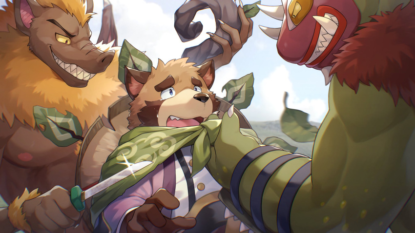 2023 anthro aoba_(kemo_coliseum) bodily_fluids brown_body canid canine green_body group hi_res humanoid_hands kemo_coliseum kemono leaf male mammal nipples official_art ponzu_tas raccoon_dog scared slightly_chubby staff tanuki tears unknown_character unknown_species weapon