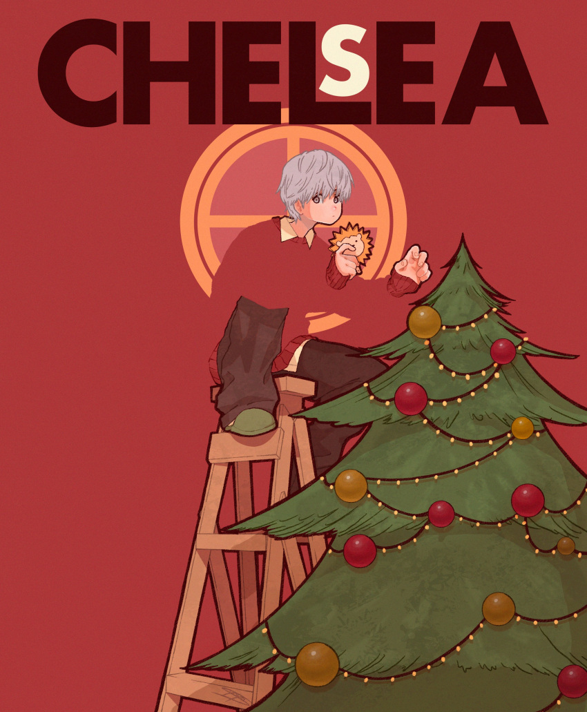 1boy absurdres black_pants blending christmas_tree green_footwear grey_eyes grey_hair highres ladder long_sleeves looking_at_viewer original pants red_background red_sweater second-party_source short_hair simple_background slippers solo sweater syooooyoooo