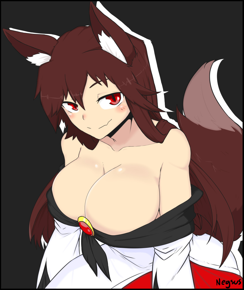 1girl absurdres animal_ears bangs bare_shoulders black_background black_border blush border breasts brooch brown_hair cleavage closed_mouth collarbone dress highres imaizumi_kagerou jewelry large_breasts long_hair long_sleeves looking_at_viewer negsus off-shoulder_dress off_shoulder red_eyes simple_background smile solo swept_bangs tail touhou upper_body wavy_mouth white_dress wolf_ears wolf_girl wolf_tail