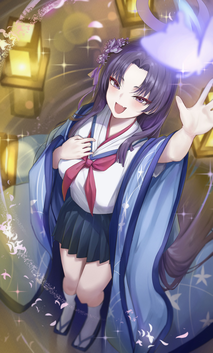 1girl absurdres black_skirt blue_archive blush breasts bug butterfly fang flower glowing_butterfly hair_flower hair_ornament halo haori highres japanese_clothes large_breasts looking_at_animal neckerchief parted_bangs pleated_skirt purple_eyes purple_hair red_neckerchief renge_(730) school_uniform serafuku skin_fang skirt smile socks solo standing tabi white_background white_socks yukari_(blue_archive) zouri