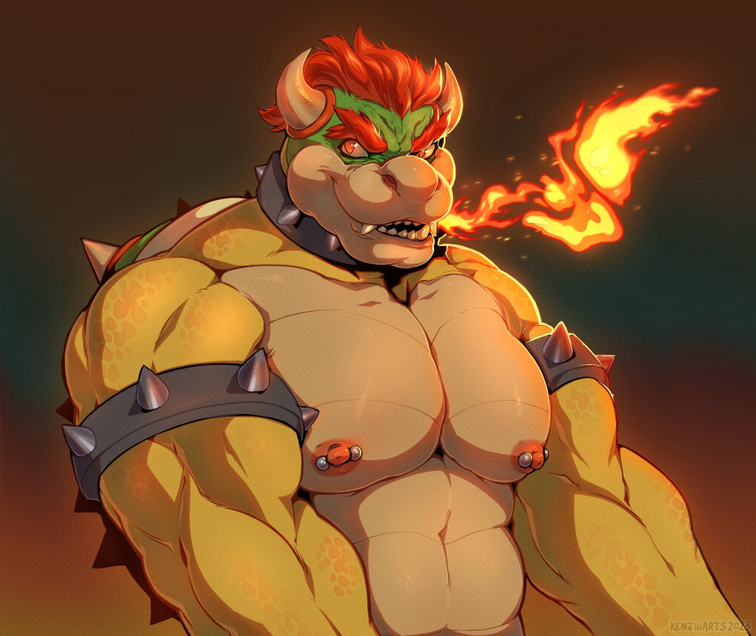 2023 abs anthro armband barazoku biceps big_muscles big_pecs bowser bowser_day breath_powers collar deltoids elemental_manipulation eyebrows fire fire_breathing fire_manipulation gradient_background hair half-length_portrait hi_res horn huge_muscles kenjiii koopa looking_at_viewer male manly mario_bros midriff muscular muscular_anthro muscular_male nintendo nipple_piercing nipples non-mammal_nipples nude pecs piercing portrait scalie shell simple_background solo spiked_armband spiked_collar spiked_shell spikes spikes_(anatomy) teeth