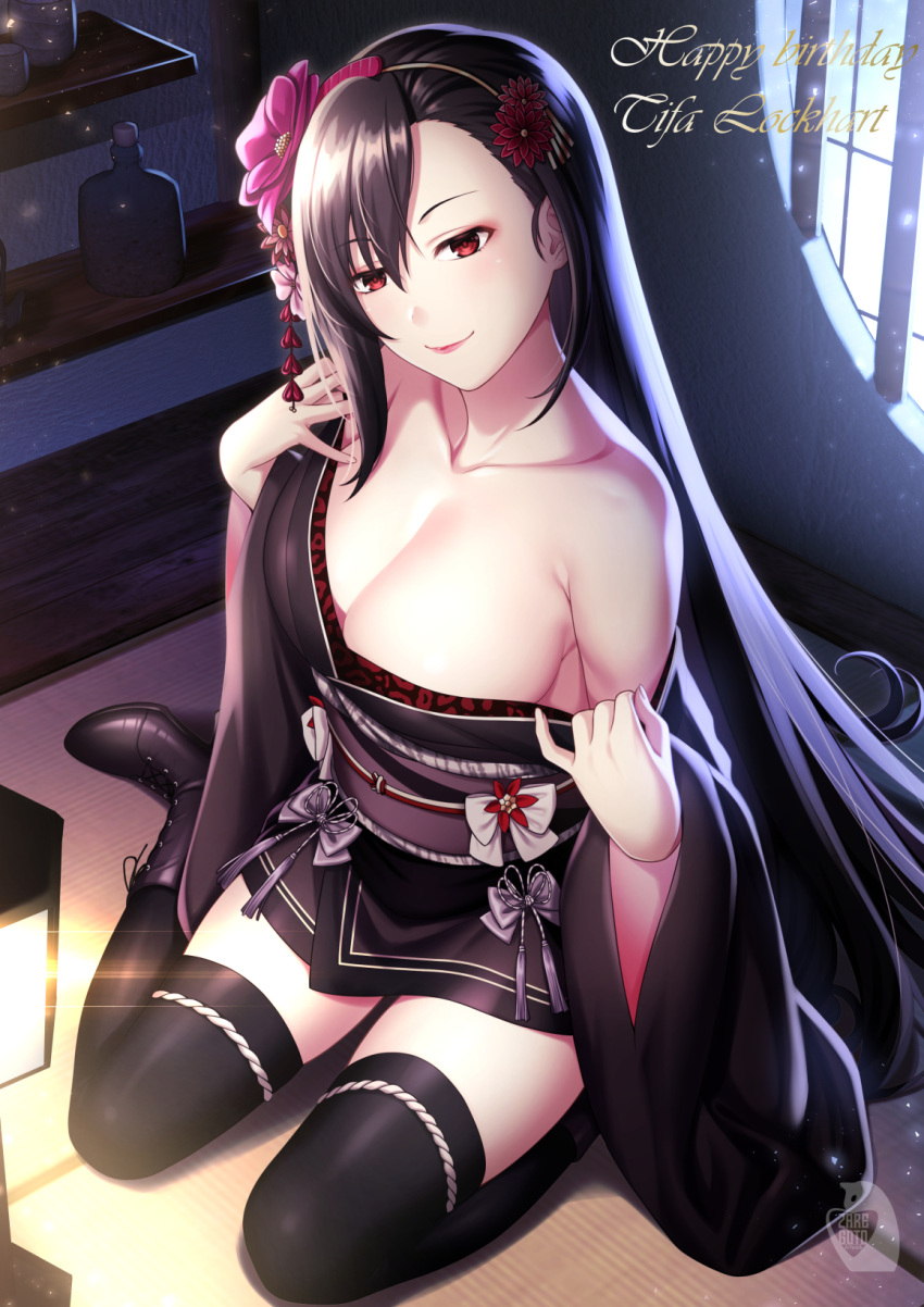 1girl black_hair black_kimono black_thighhighs boots bottle breasts cleavage closed_mouth collarbone final_fantasy final_fantasy_vii final_fantasy_vii_remake flower hair_flower hair_ornament happy_birthday highres japanese_clothes kimono large_breasts light_particles obi off_shoulder official_alternate_costume on_floor red_eyes sash shelf sitting smile solo tatami thighhighs thighs tifa_lockhart tifa_lockhart's_exotic_dress wide_sleeves zaregoto_tsukai_no_deshi
