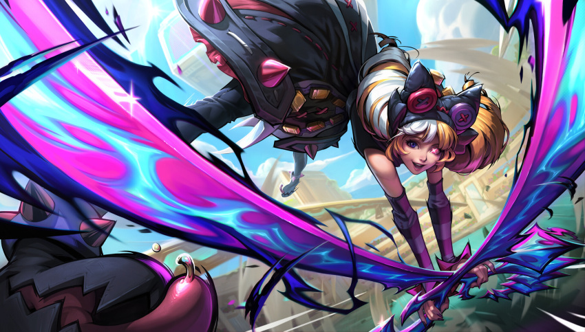 1girl :d animal_ears black_dress black_footwear blue_eyes brown_hair cat_ears day detached_sleeves dress fake_animal_ears gwen_(league_of_legends) heterochromia highres holding holding_scissors holding_weapon league_of_legends misfortuneee multicolored_hair official_art outdoors oversized_object red_eyes red_footwear scissors shiny_skin shoes smile solo soul_fighter_gwen spiked_anklet spikes stadium teeth two-tone_hair upper_teeth_only weapon white_hair