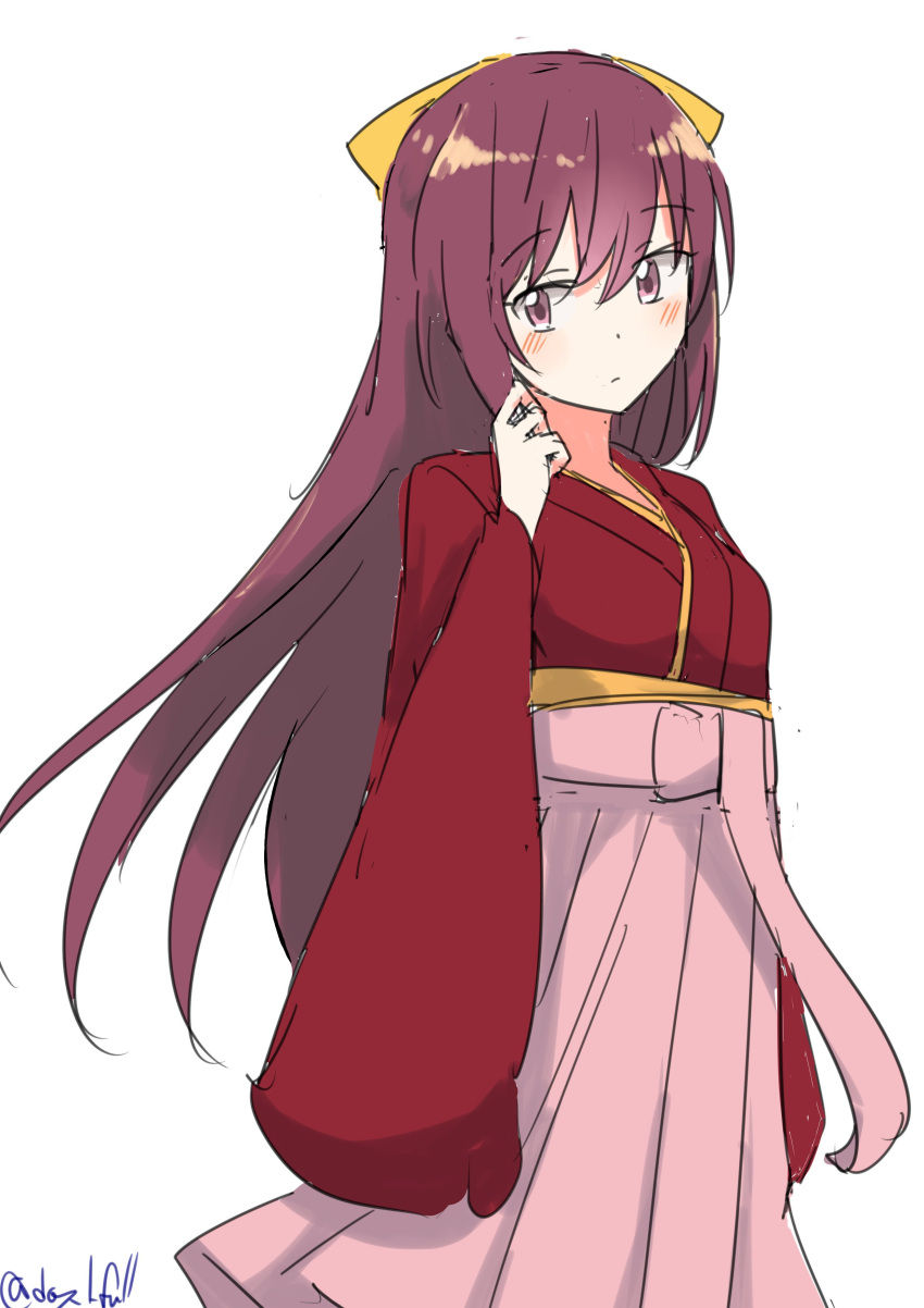 1girl absurdres bow hair_bow hakama hakama_skirt highres japanese_clothes kamikaze_(kancolle) kantai_collection kimono long_hair meiji_schoolgirl_uniform one-hour_drawing_challenge pink_hakama purple_eyes purple_hair red_kimono robinson_(day_l_full) simple_background skirt solo twitter_username white_background yellow_bow