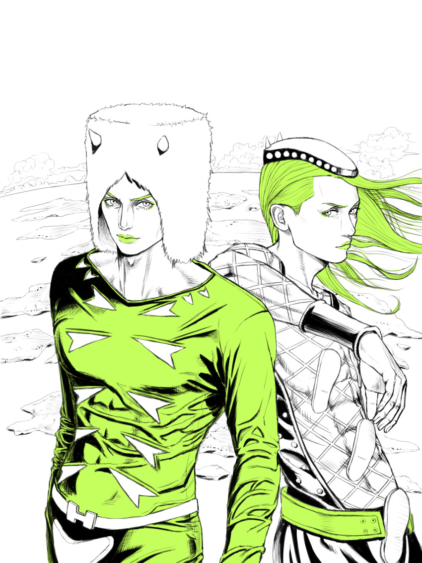 2boys bodysuit cloud cloudy_sky codpiece fake_horns fishnet_top fishnets fur_hat green_lips hat highres horned_hat horns jojo_no_kimyou_na_bouken keiimajima02 monochrome multiple_boys narciso_anasui partially_colored shoulder_rest sky stone_ocean tight weather_report wristband