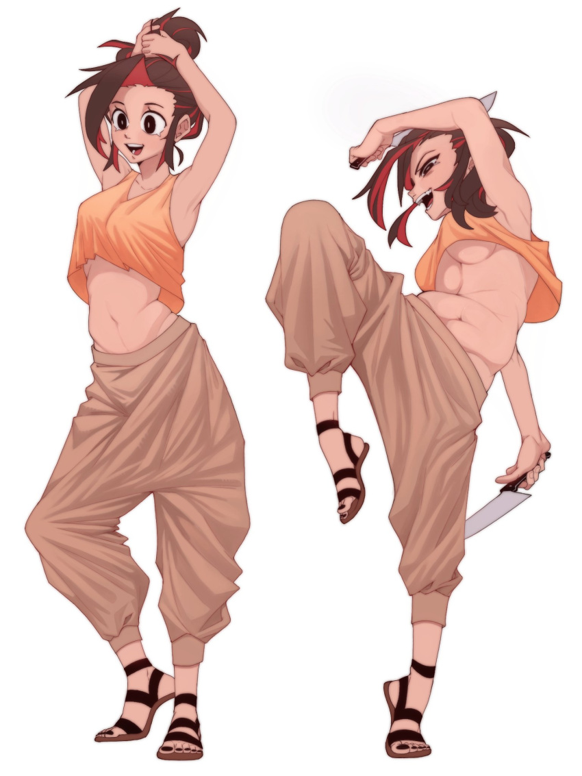 1girl black_eyes black_nails breasts brown_hair brown_pants crop_top highres holding holding_knife knife leg_up midriff mrfishcorpse multicolored_hair multiple_views navel open_mouth orange_tank_top original pants red_hair sandals simple_background smile streaked_hair tank_top underboob white_background