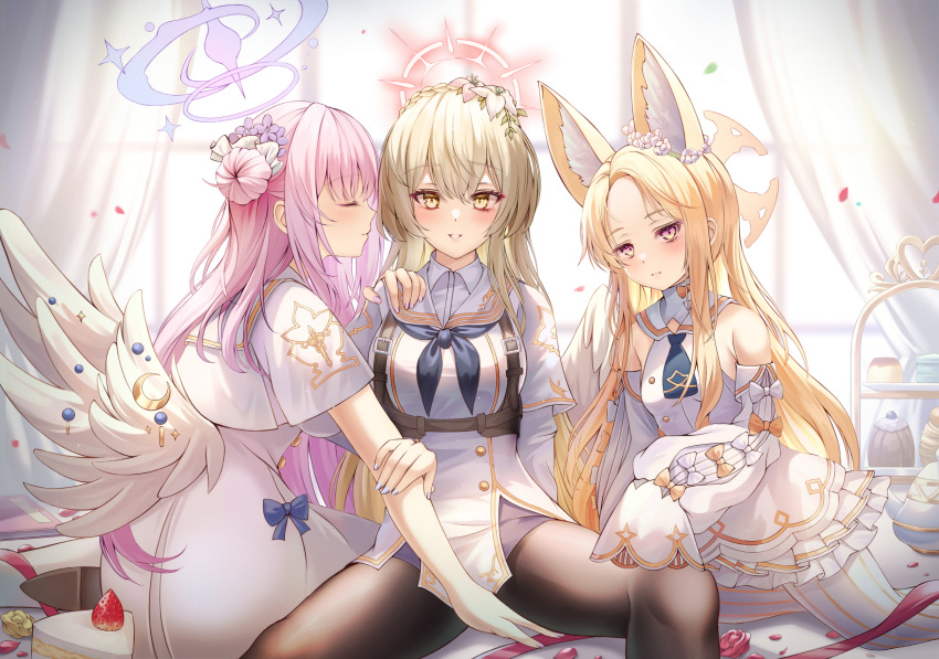 3girls angel_wings animal_ears black_pantyhose blonde_hair blue_archive bnari brown_eyes brown_hair closed_eyes dress fox_ears halo highres looking_at_viewer mika_(blue_archive) multiple_girls nagisa_(blue_archive) pantyhose pink_hair school_uniform seia_(blue_archive) serafuku tea_party_(blue_archive) white_dress white_serafuku white_wings wings yellow_eyes