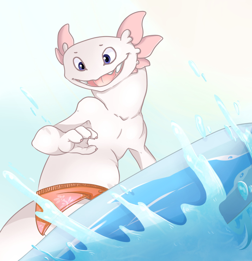 absurd_res amphibian anthro axolotl board bottomwear clothing hi_res kitsune2000 male marine max_(disambiguation) mole_salamander salamander sea shorts solo surf swimming swimming_trunks swimwear water young