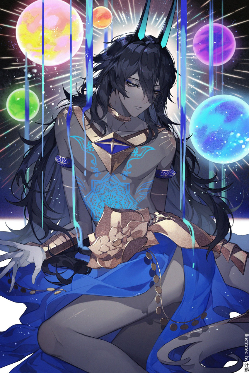 1boy arjuna_(fate) armlet artist_name black_hair blue_horns blue_liquid bracelet chest_tattoo dark-skinned_male dark_skin eyeshadow fate/grand_order fate_(series) feet_out_of_frame gloves grey_eyes hair_between_eyes highres horns jewelry long_hair looking_at_viewer makeup male_focus orb solo sqloveraven tattoo twisted_torso