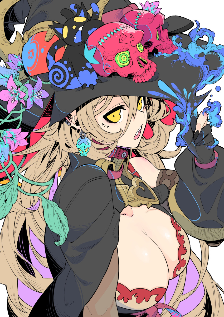 absurdres black_headwear black_nails blonde_hair breasts cat cleavage clothing_cutout fang gloves hair_between_eyes hat highres large_breasts long_hair nijisanji nui_sociere partially_fingerless_gloves plant skull tetsu_booya very_long_hair vines virtual_youtuber witch_hat yellow_eyes