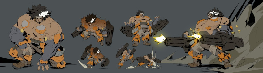 1boy bara clenched_hands closed_mouth concept_art firing gatling_gun gun hand_on_floor holding holding_weapon kneeling looking_at_viewer male_focus mauga_(overwatch) muscular muscular_male no_nipples official_art open_hands open_mouth overwatch overwatch_2 qiu_fang running stomping topless_male weapon