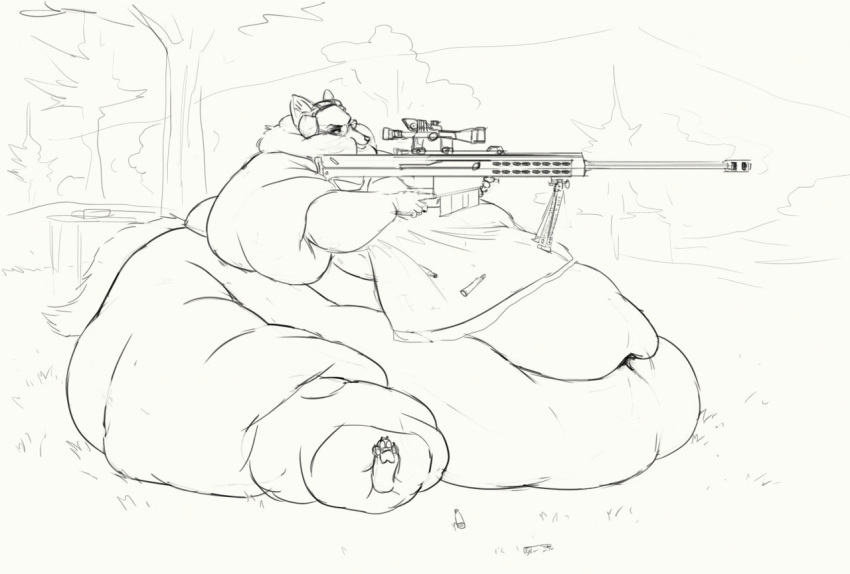 2020 aiming ambiguous_gender anthro belly big_belly bipod bullet_casing canid canine cettus chubby_cheeks eyewear fat_rolls female fox glasses gun headphones holding_gun holding_object holding_weapon huge_belly immobile mammal morbidly_obese morbidly_obese_anthro morbidly_obese_female navel nude obese obese_anthro obese_female outside overweight overweight_anthro overweight_female plant ranged_weapon rifle scope sitting sketch sniper_rifle solo tree weapon