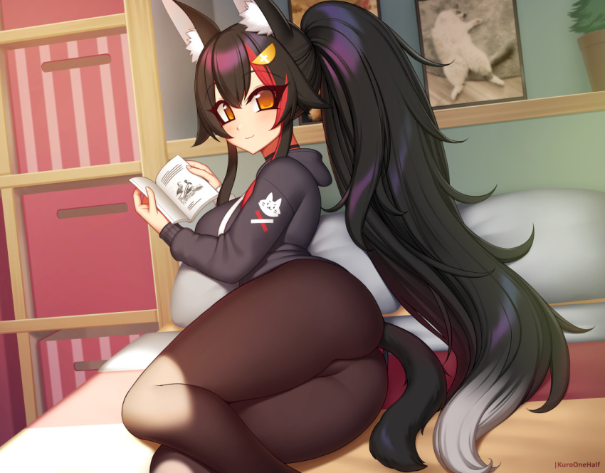 1girl animal_ear_fluff animal_ears artist_name ass bed black_choker black_hair black_hoodie black_pantyhose book breasts choker closed_mouth feet_out_of_frame gradient_hair hair_between_eyes hair_ornament hairclip holding holding_book hololive hood hoodie indoors kuroonehalf large_breasts long_hair long_sleeves looking_at_viewer looking_to_the_side lying multicolored_hair on_bed on_side ookami_mio orange_eyes pantyhose picture_frame pillow plant ponytail potted_plant red_hair shelf smile solo streaked_hair sunlight tail thighs very_long_hair virtual_youtuber white_hair wolf_ears wolf_girl wolf_tail