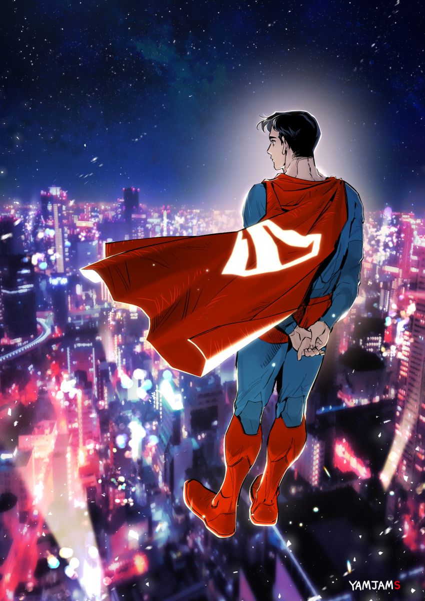 1boy absurdres arms_behind_back artist_name black_hair blue_eyes bodysuit cape city city_lights clark_kent dc_comics floating from_behind highres korean_commentary male_focus my_adventures_with_superman night night_sky sky star_(sky) starry_sky superman superman_(series) yamjams