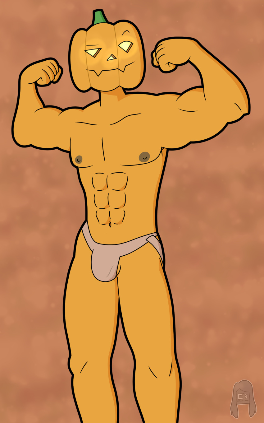 2023 abs absurd_res artist_name clothed clothing colored digital_drawing_(artwork) digital_media_(artwork) flexing food food_creature food_head food_humanoid fruit glowing glowing_eyes hi_res humanoid jack-o'-lantern jockstrap jockstrap_only lewdware male nipples not_furry plant pumpkin pumpkin_head shaded signature smile solo topless underwear underwear_only