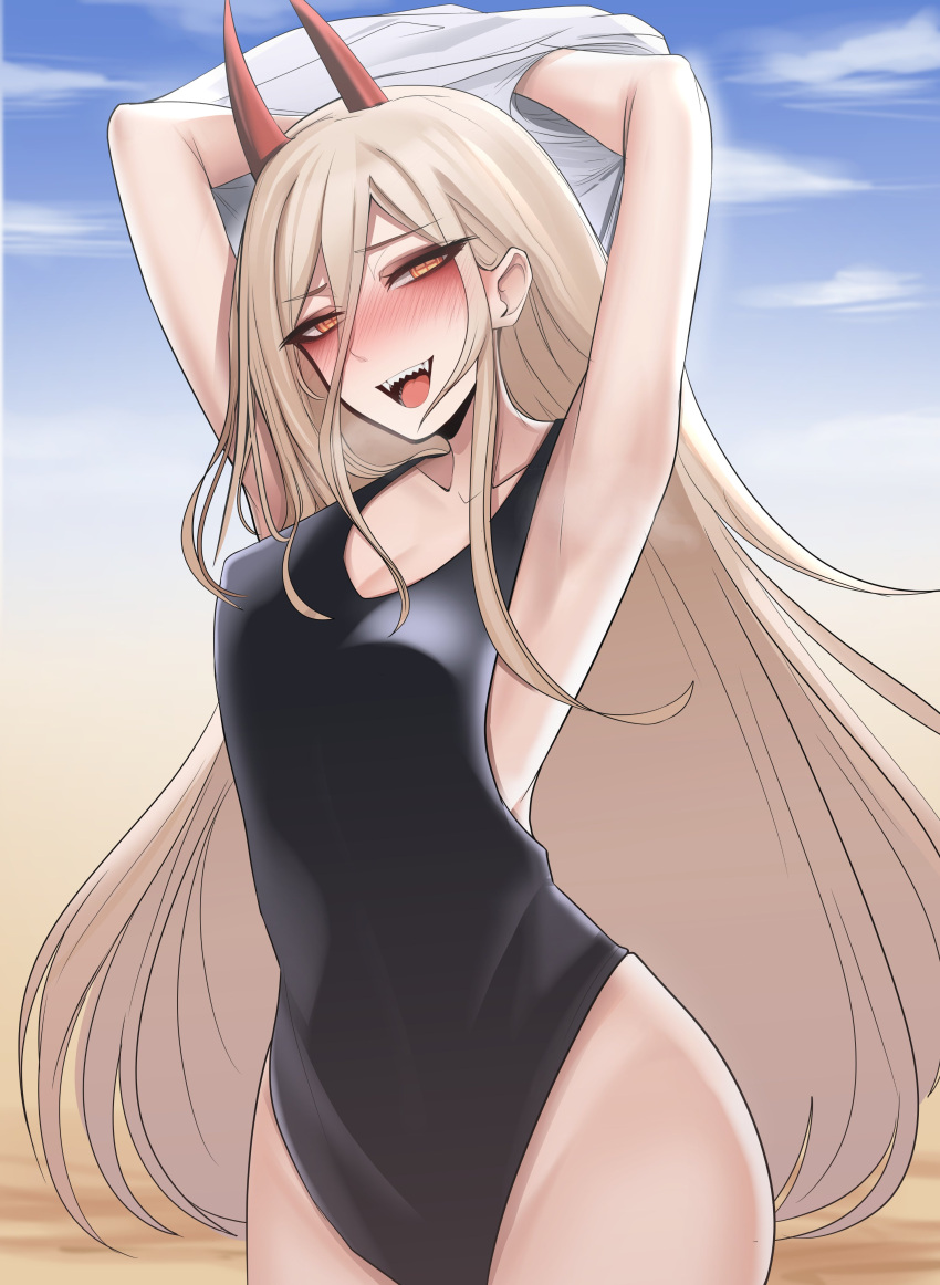 1girl absurdres arms_up black_one-piece_swimsuit blonde_hair blush breasts chainsaw_man cloud collarbone cross-shaped_pupils demon_horns hair_between_eyes highleg highleg_swimsuit highres horns long_hair mikuneki one-piece_swimsuit open_mouth power_(chainsaw_man) red_horns sand sharp_teeth sky solo swimsuit symbol-shaped_pupils teeth undressing yellow_eyes