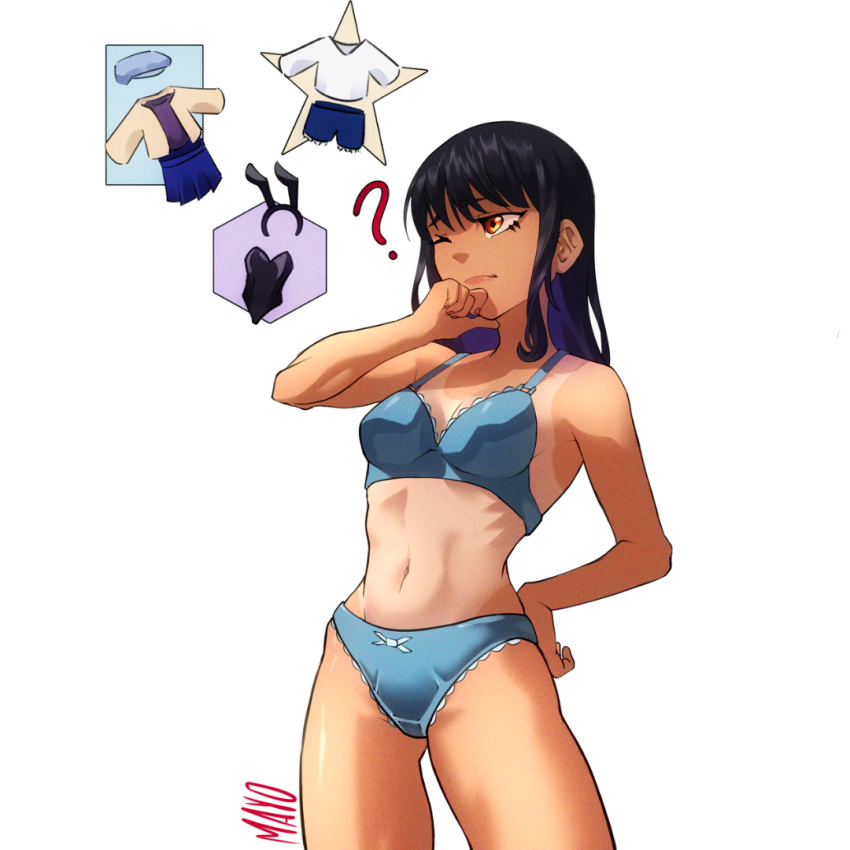 1girl ? black_hair blue_bra blue_panties bra breasts brown_eyes casual commentary_request dark-skinned_female dark_skin hand_on_own_hip ijiranaide_nagatoro-san long_hair mawster_yowda nagatoro_hayase one-piece_tan panties playboy_bunny shorts skirt small_breasts solo standing tan tanlines thought_bubble underwear underwear_only