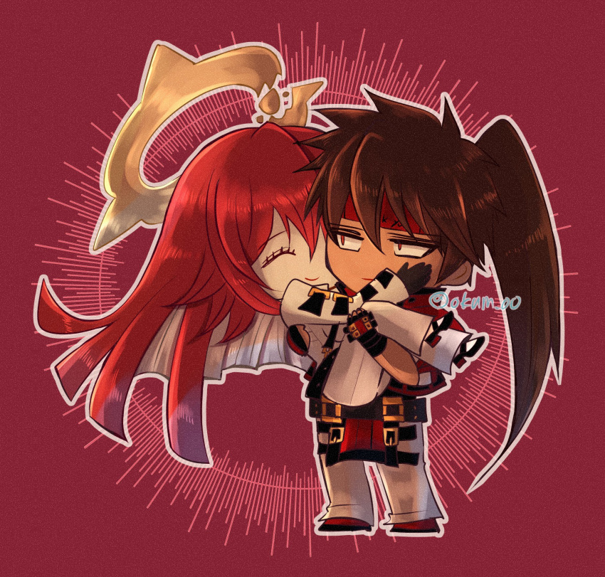 bodysuit breasts brown_hair couple gloves guilty_gear guilty_gear_strive halo happy highres holding husband_and_wife jack-o'_valentine kana-de red_hair sol_badguy