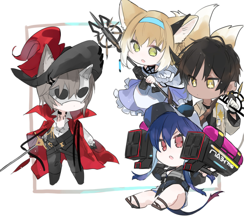 2boys 2girls animal_ears arknights bare_shoulders baseball_cap black_gloves black_hair black_headwear black_pants blonde_hair blue_hair cat_boy cat_ears ch'en_(arknights) ch'en_the_holungday_(arknights) chibi cloak closed_mouth clothing_cutout commentary_request dark-skinned_male dark_skin dragon_girl dragon_horns dragon_tail dress earpiece eyewear_on_headwear fox_ears fox_girl fox_tail gloves green_eyes grey_hair hair_between_eyes hat highres holding holding_staff horns jacket kitsune kyuubi long_hair long_sleeves multiple_boys multiple_girls multiple_tails open_mouth oripathy_lesion_(arknights) pants phantom_(arknights) phantom_(focus)_(arknights) purple_dress red_cloak red_eyes shirt short_hair shoulder_cutout single_glove staff suzuran_(arknights) tail thorns_(arknights) white_headwear white_jacket white_shirt yakota_(usuk-yako) yellow_eyes