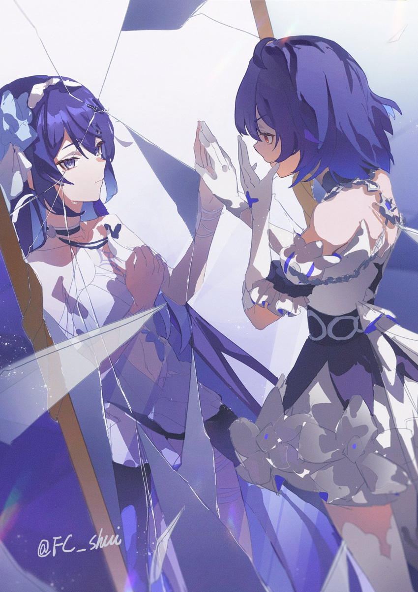 ahoge bare_shoulders black_choker blue_eyes blue_hair choker clenched_hand collarbone dress elbow_gloves english_commentary gloves hetare_mizu highres honkai_(series) honkai_impact_3rd light_smile long_hair looking_at_another looking_at_mirror mirror red_eyes seele_(alter_ego) seele_vollerei seele_vollerei_(herrscher_of_rebirth) seele_vollerei_(stygian_nymph) short_hair thighhighs twitter_username v-shaped_eyebrows white_dress white_headwear white_thighhighs