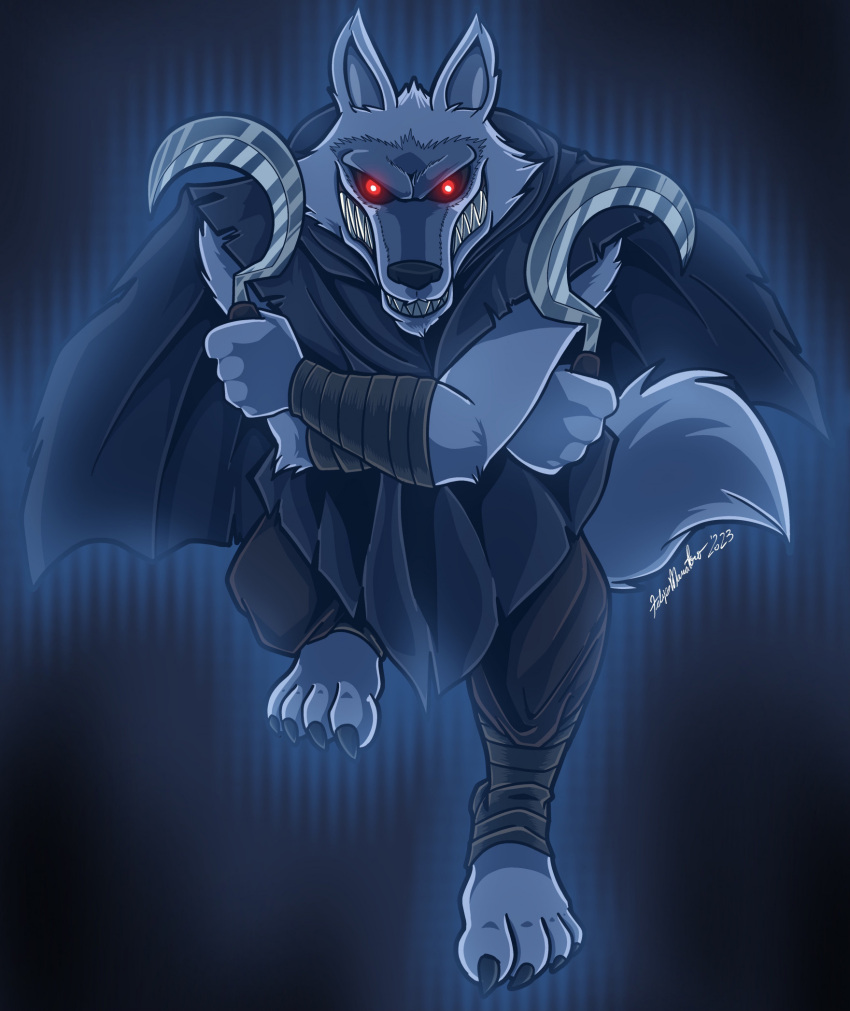 2023 4_toes anthro black_bottomwear black_claws black_clothing black_nose black_pants black_sclera bottomwear canid canine canis claws clothing death_(puss_in_boots) dreamworks evil_grin feet glowing glowing_eyes hi_res looking_at_viewer male mammal pants puss_in_boots_the_last_wish red_eyes sickle smile smiling_at_viewer solo toes wolf yuski