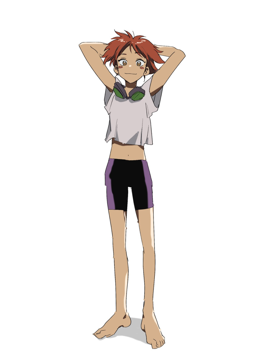 1girl androgynous arms_behind_head barefoot blush_stickers brown_eyes closed_mouth cowboy_bebop edward_wong_hau_pepelu_tivrusky_iv female_child full_body goggles goggles_around_neck highres light_smile navel okura_0426 orange_hair solo