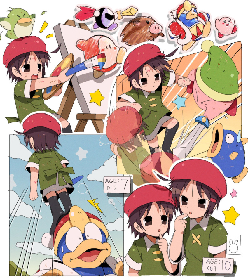 1girl 4boys adeleine afterimage age_comparison bendedede beret brown_eyes brown_hair bruise bruise_on_face canvas_(object) confused dragon_ball dragon_ball_z dual_persona fighting green_shirt grey_skirt hair_ornament hairclip hat highres holding holding_sword holding_weapon injury kine_(kirby) king_dedede kirby kirby's_dream_land_3 kirby_(series) kirby_64 multiple_boys paintbrush parody pitch_(kirby) red_headwear shirt short_hair skirt standing_on_another's_head surprised sword sword_kirby weapon