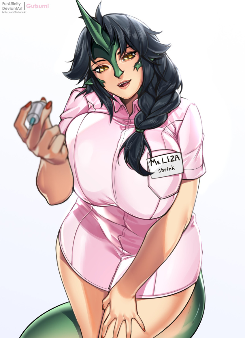 1girl artist_name badge black_hair braid breasts character_name cowboy_shot dragon_girl dragon_horns dragon_tail dress english_text gutsumi hand_on_own_thigh head_tilt highres holding holding_syringe horns large_breasts leaning_forward liza_(nonmonster_cafe) long_hair looking_at_viewer nurse open_mouth pink_dress pointy_ears reaching reaching_towards_viewer ryu's_nonmonster_cafe scales short_dress short_sleeves single_braid single_horn slit_pupils standing syringe tail white_background yellow_eyes