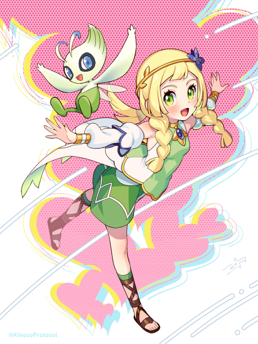 1girl :d blonde_hair blush braid brown_footwear celebi commentary cosplay detached_sleeves eyelashes flower green_eyes green_shirt hair_flower hair_ornament hairband highres kinocopro knees legs_apart lillie_(pokemon) long_hair lyra_(pokemon) lyra_(pokemon)_(cosplay) lyra_(sygna_suit)_(pokemon) open_mouth outstretched_arms pokemon pokemon_(creature) pokemon_(game) pokemon_masters_ex pokemon_sm revision sandals shirt sleeveless sleeveless_shirt smile tongue twin_braids